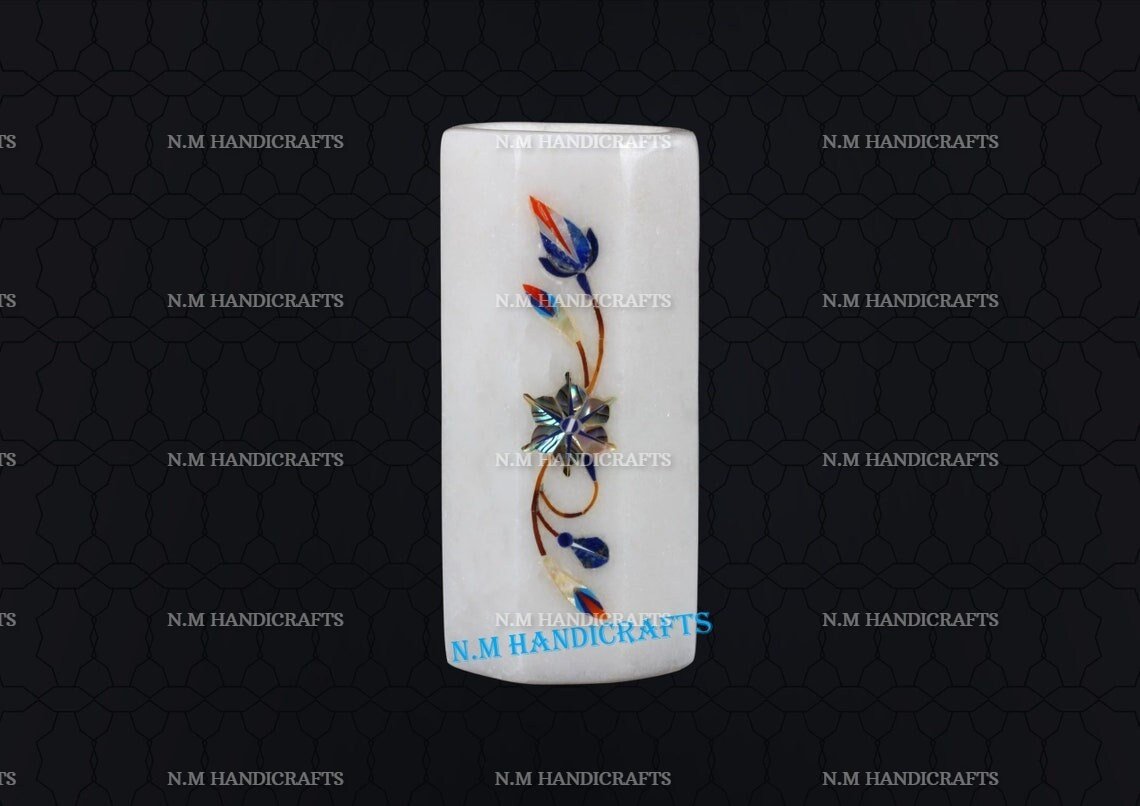 White Marble Inlay Pen stand, Candle holder, Flower and Utencil Holder, For Home and Office Decor, Floral Design, Pietra Dura Art - Image 2