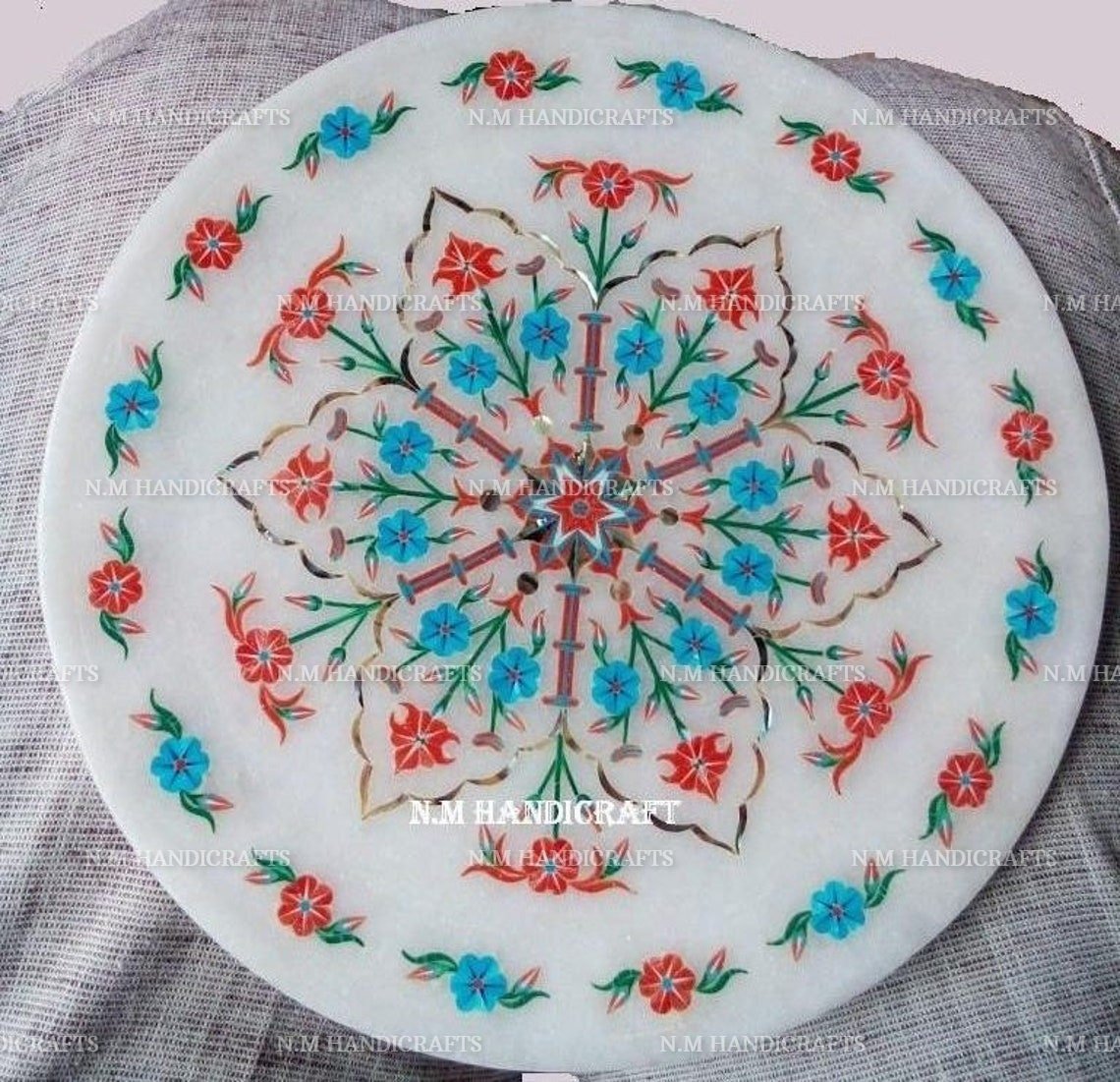 10" Marble Marquetry Gems Inlay Plate, Flowers, Pietra Dura Art, Serving Plate, Marble Serveware, Plate, Gift, Kitchen Decor, Home Decor