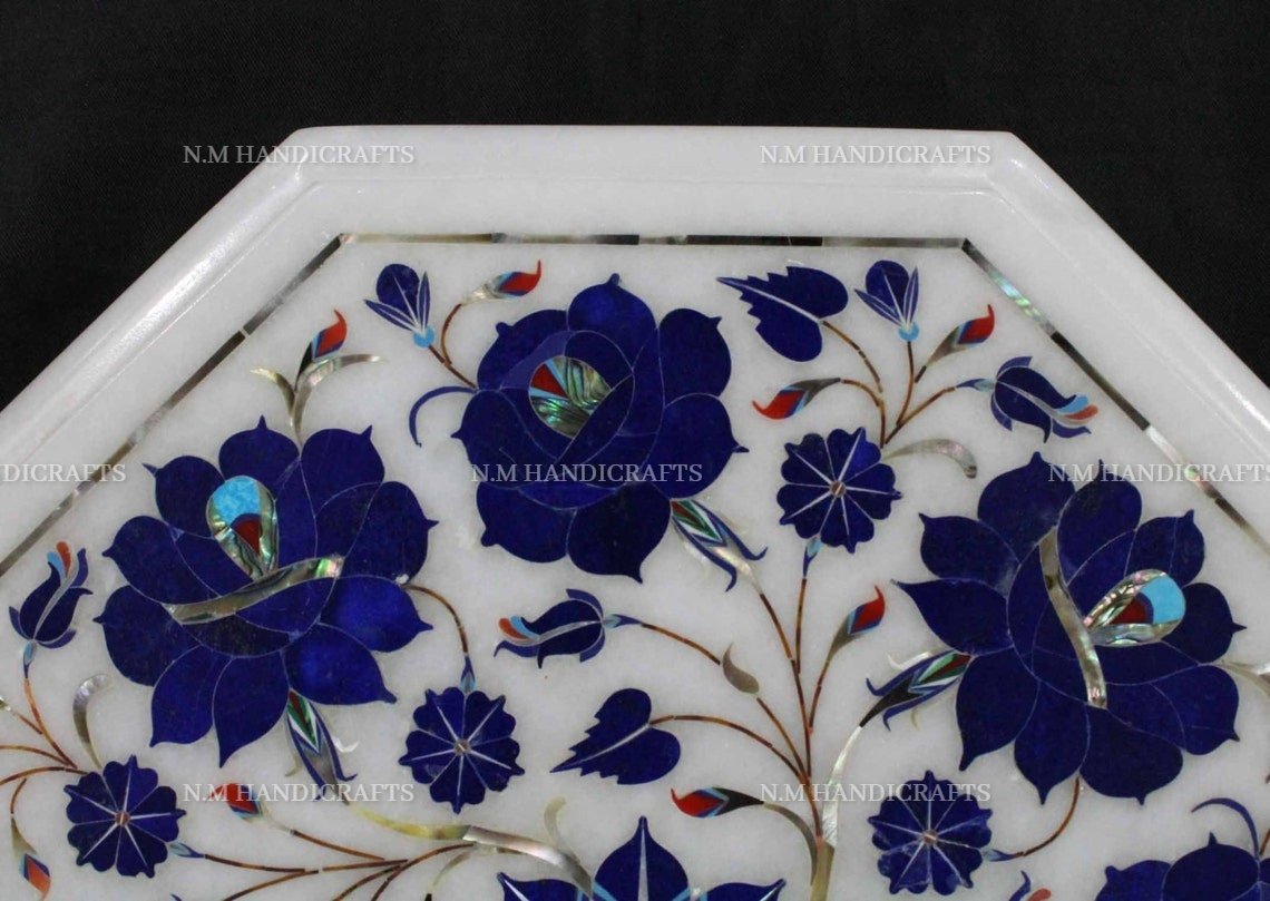 White Marble Table Top, Lapis Lazuli Table Top, Pietra Dura, Floral Inlay, Vintage Mosaic Marquetry Art, Coffee Table, Side Table, Stone Art - Image 3