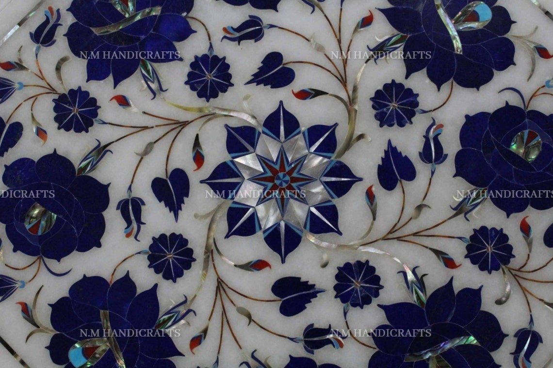 White Marble Table Top, Lapis Lazuli Table Top, Pietra Dura, Floral Inlay, Vintage Mosaic Marquetry Art, Coffee Table, Side Table, Stone Art - Image 2