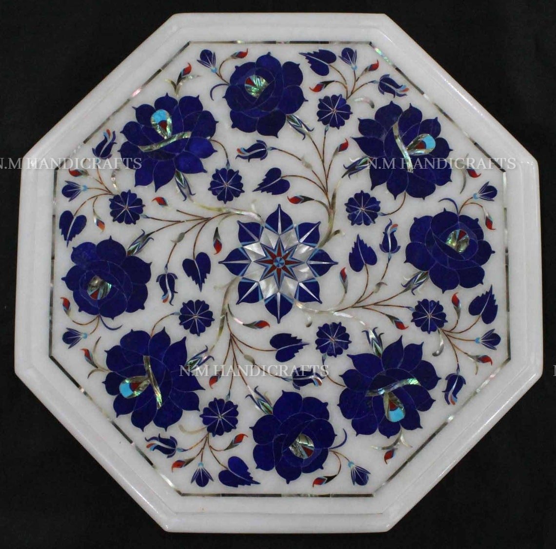 White Marble Table Top, Lapis Lazuli Table Top, Pietra Dura, Floral Inlay, Vintage Mosaic Marquetry Art, Coffee Table, Side Table, Stone Art