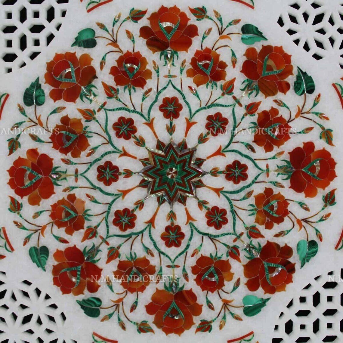 White Marble Inlay Coffee Table , Carnelian Stone Inlaid, Vintage Marble Table, Centre Table Top, Mosaic Marquetry Art, Inlay Dining Table - Image 2