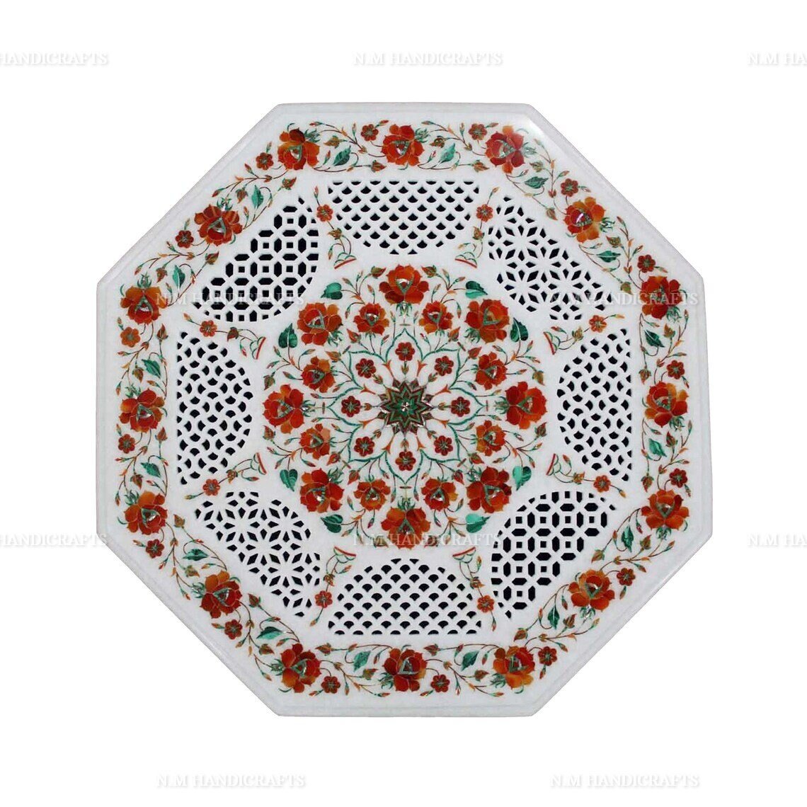 White Marble Inlay Coffee Table , Carnelian Stone Inlaid, Vintage Marble Table, Centre Table Top, Mosaic Marquetry Art, Inlay Dining Table