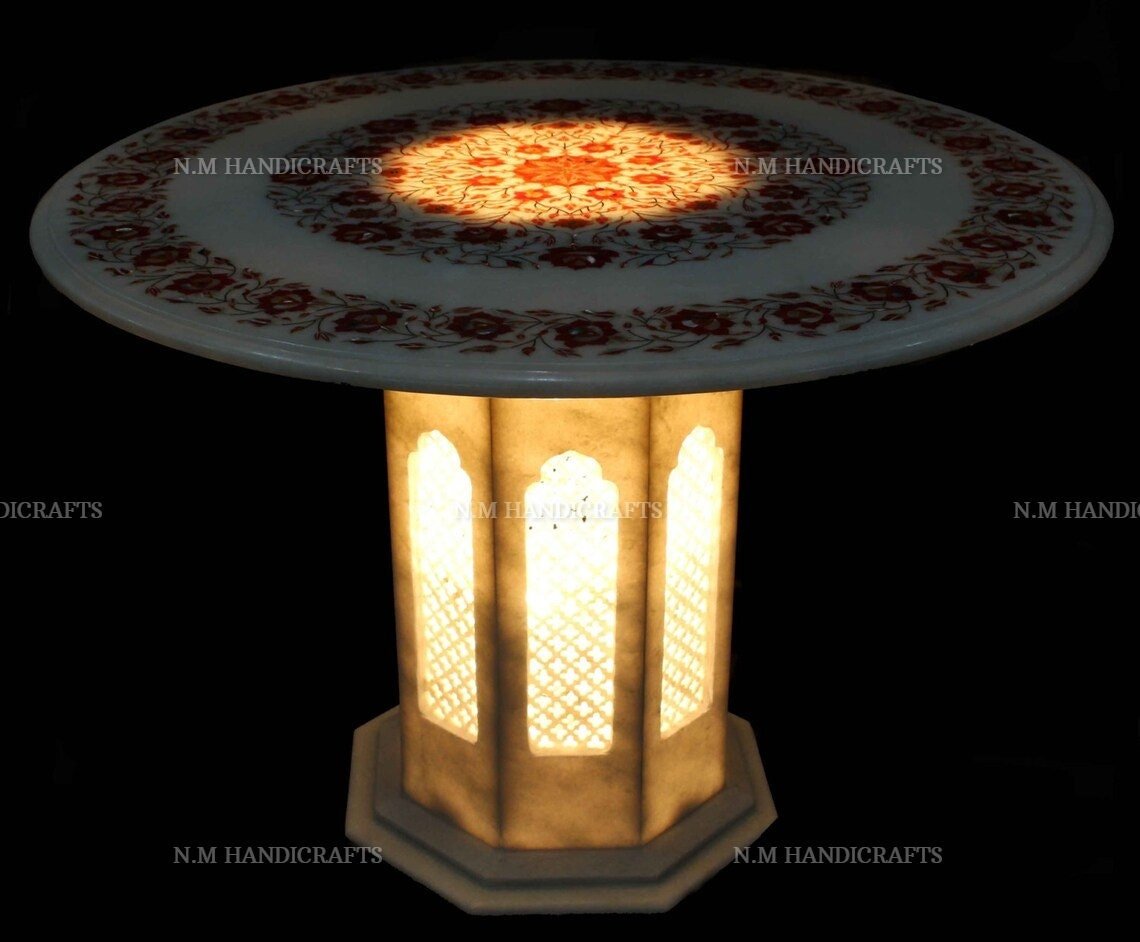White Marble Inlay Coffee Table, Floral Inlay, Vintage Art,Mosaic Marquetry Art, Dining Table Top, Center Table, Hallway Table, Garden Table - Image 2