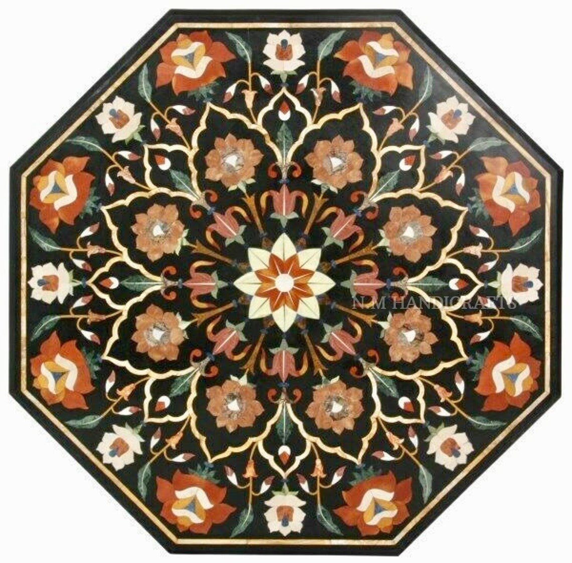Marble Octagon Coffee Table With Pedestal Base, Floral Inlay, Vintage Art, Mosaic Marquetry, Dining Table Top, Center Table, Hallway Table - Image 2