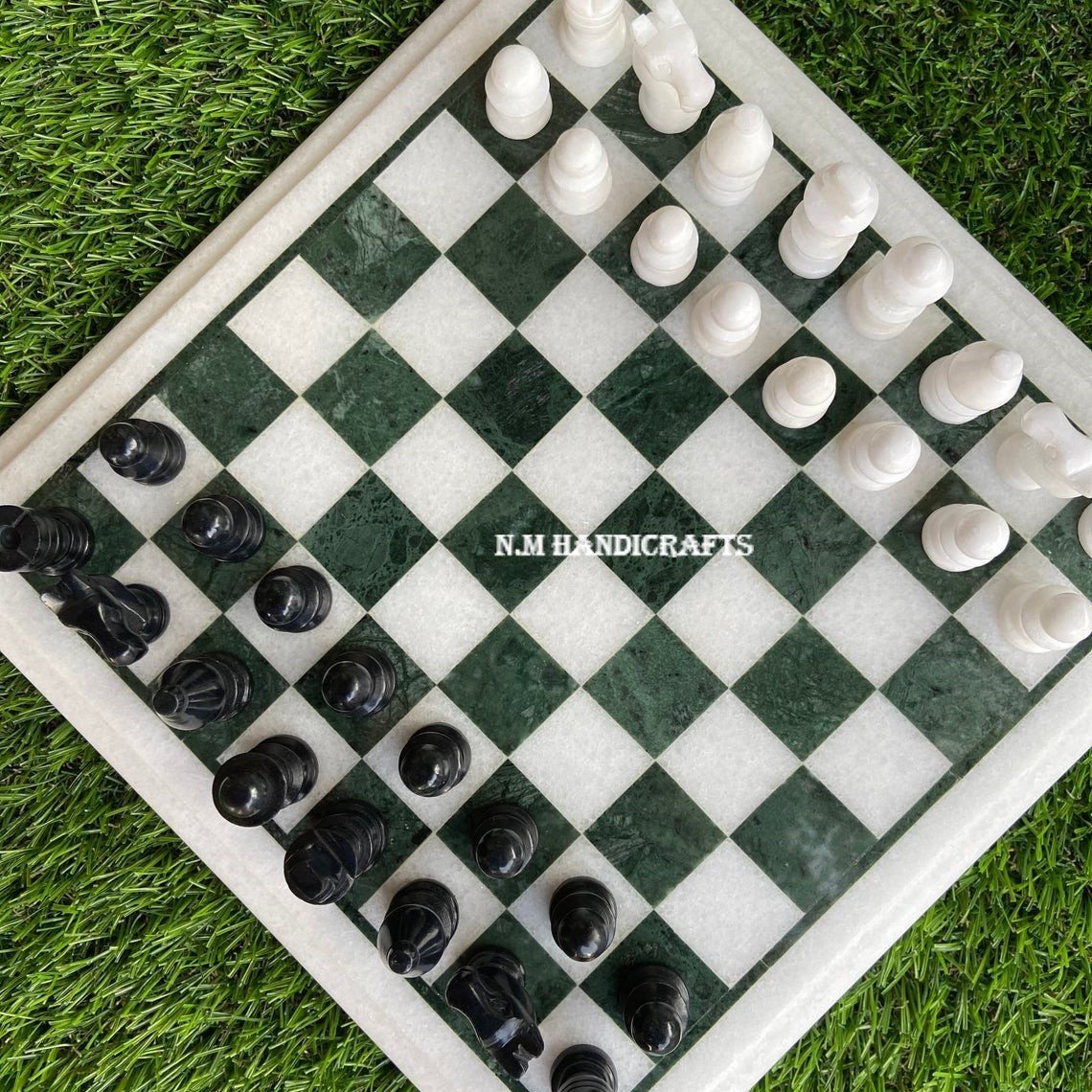 White Marble Chess Set, Green Chess Squares, Tournament Chess Board, Vintage Chess, Mosaic Marquetry Art, Chess table With Green Squares - Image 2