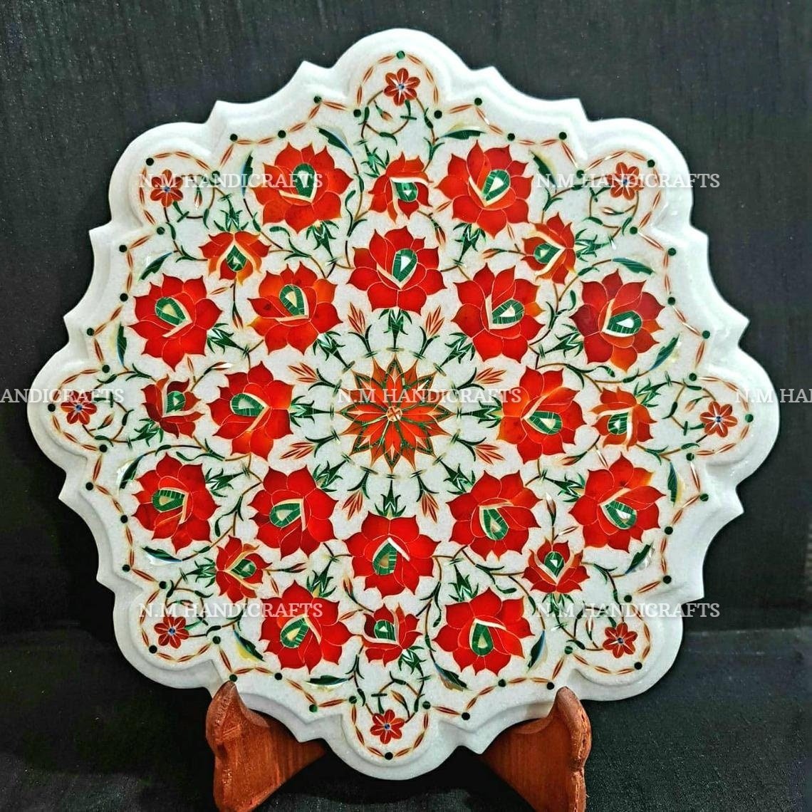 White Marble Inlay Coffee Table , Carnelian Stone Inlaid, Vintage Marble Table, Centre Table Top, Mosaic Marquetry Art, Inlay Dining Table - Image 3