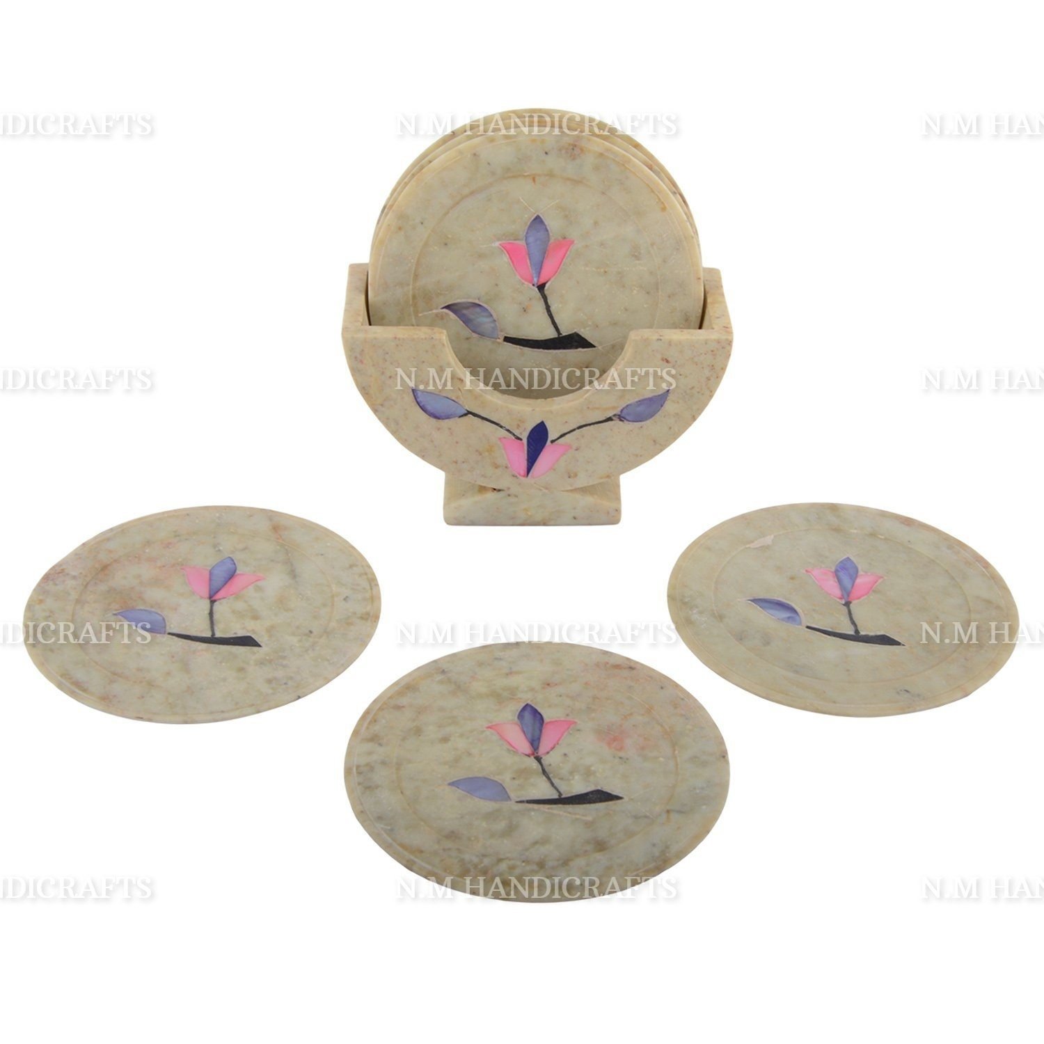 Pink Marble Inlay Coaster Set, Floral Inlay, Pietra Dura, Coaster Set, Handmade Art, Tea Coaster, Drinkware & Barware, Stone Coasters Set