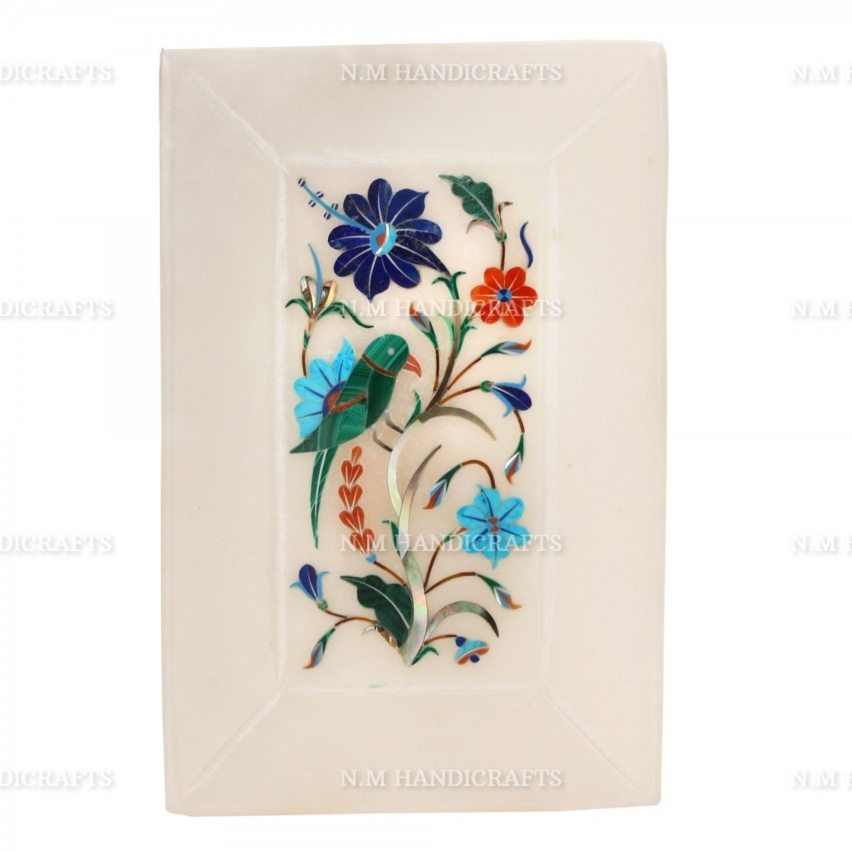 White Marble Inlay Tray, Gems Stone Inlaid, Parrot Art, Floral Marquetry, Pietra Dura Art, Serving Tray, Platter, Kitchen Decor, Home Decor - Image 2