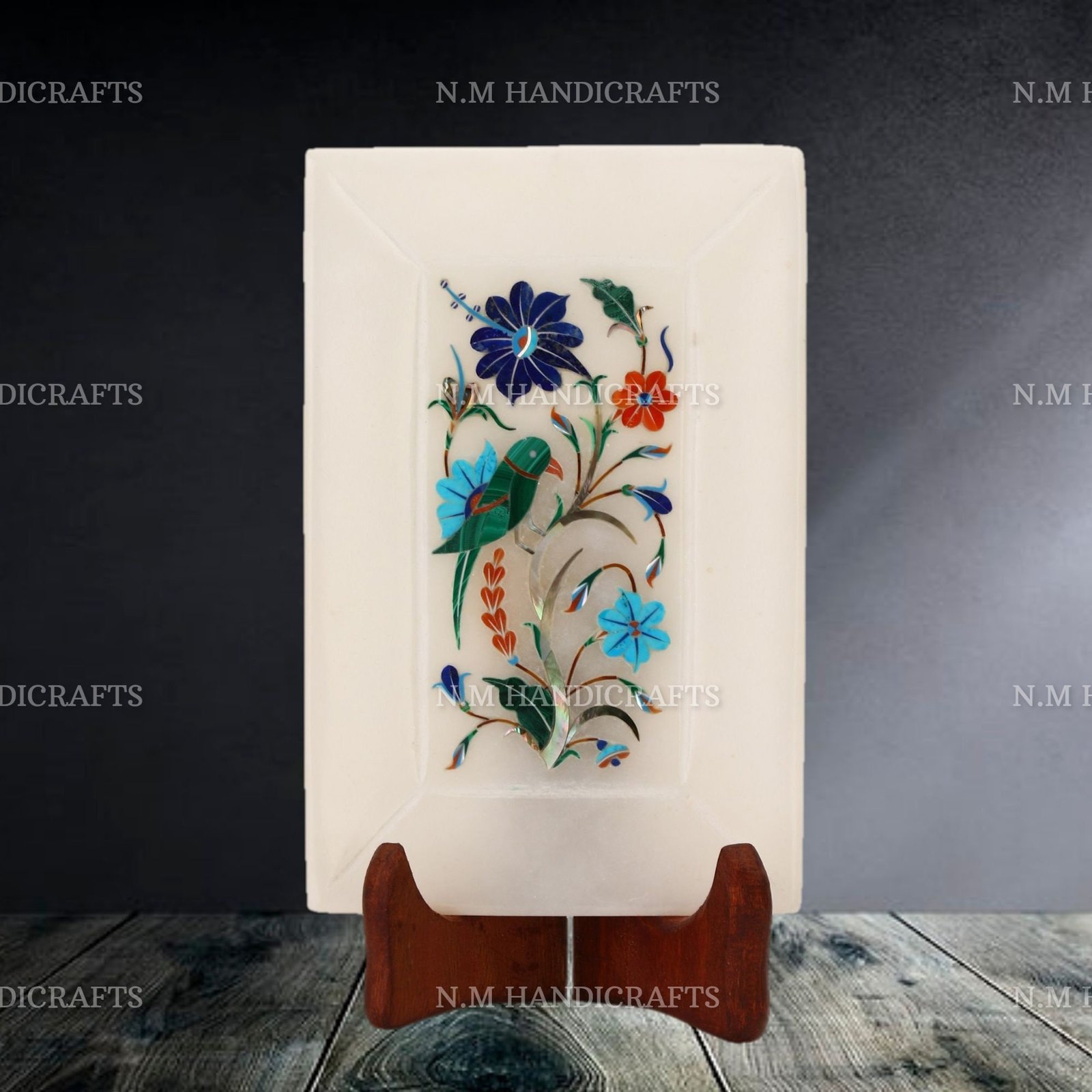 White Marble Inlay Tray, Gems Stone Inlaid, Parrot Art, Floral Marquetry, Pietra Dura Art, Serving Tray, Platter, Kitchen Decor, Home Decor
