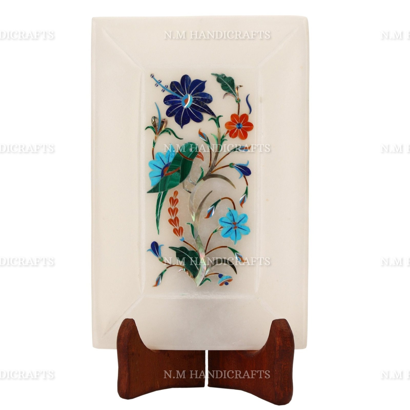 White Marble Inlay Tray, Gems Stone Inlaid, Parrot Art, Floral Marquetry, Pietra Dura Art, Serving Tray, Platter, Kitchen Decor, Home Decor - Image 3
