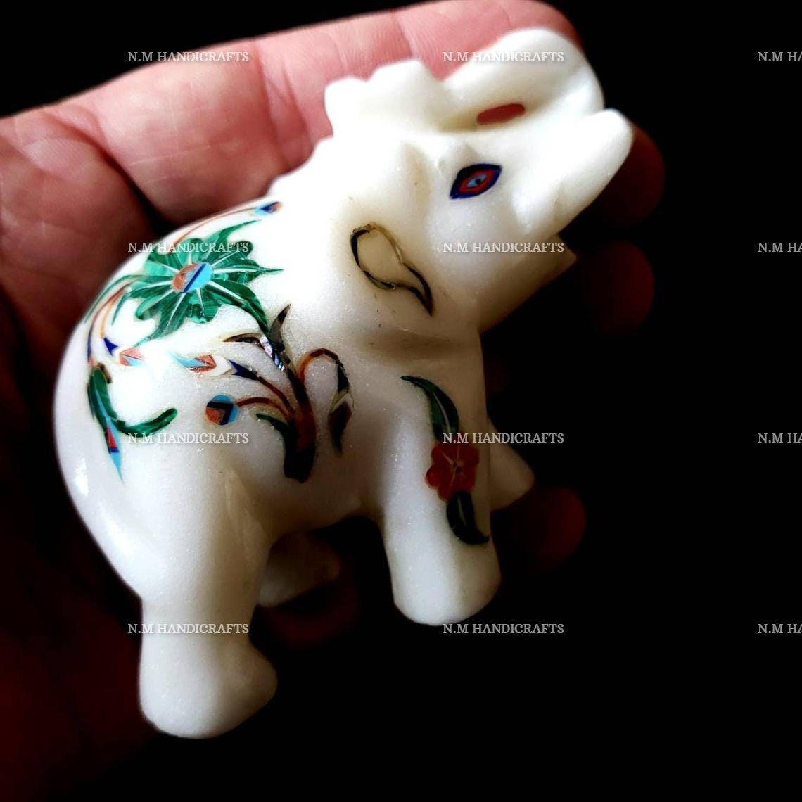 Marble Inlay Elephant, Malachite Stone Inlaid, Flowers Inlay Work, Outdoor Decor, Home Decor, Office Decor, Elephant Art, Stone Elephant - Image 2