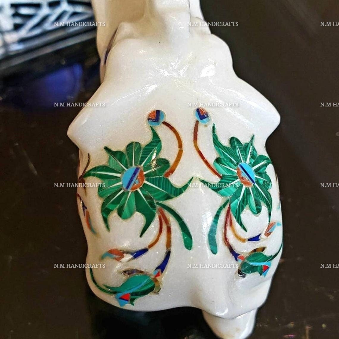 Marble Inlay Elephant, Malachite Stone Inlaid, Flowers Inlay Work, Outdoor Decor, Home Decor, Office Decor, Elephant Art, Stone Elephant - Image 3