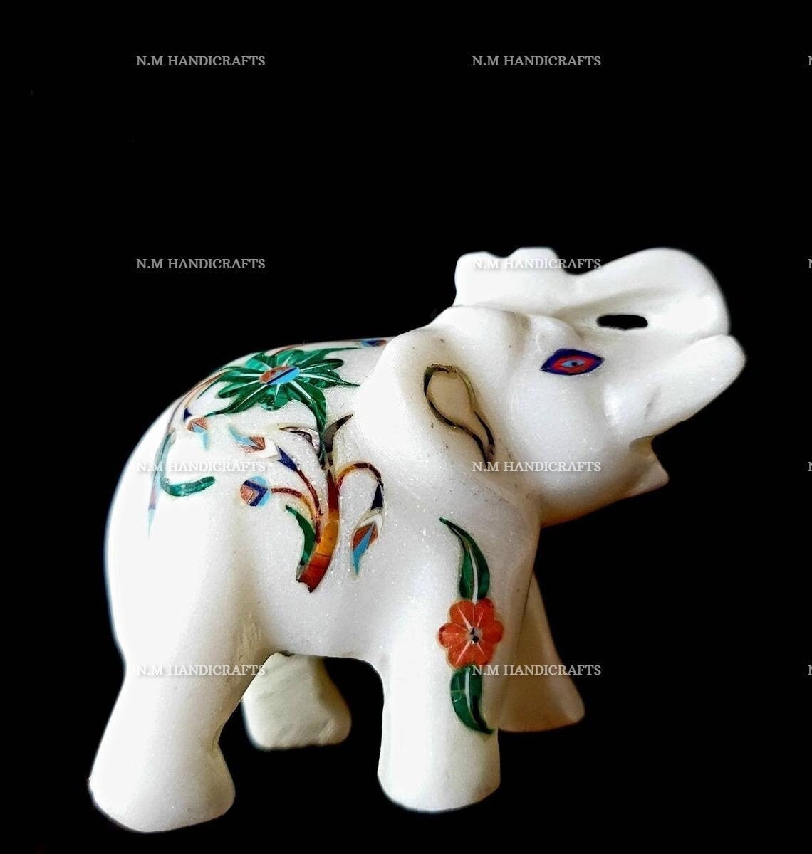 Marble Inlay Elephant, Malachite Stone Inlaid, Flowers Inlay Work, Outdoor Decor, Home Decor, Office Decor, Elephant Art, Stone Elephant