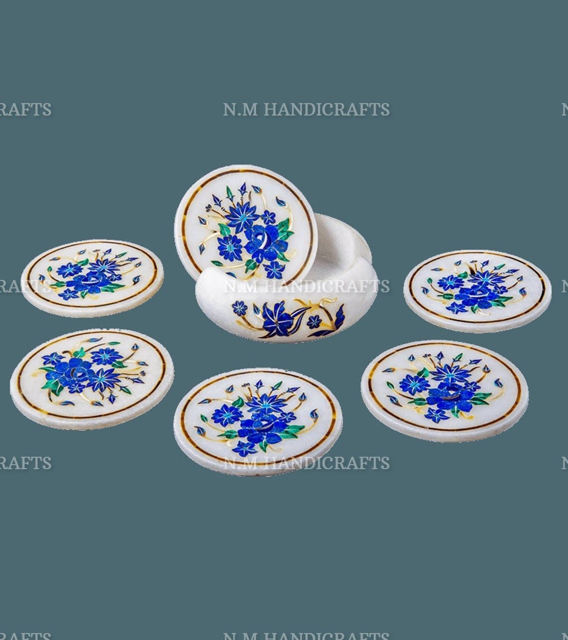 Floral White Marble Inlay Coaster, Lapis Lazuli Inlaid, Pietra Dura, Coaster 6 Pcs Set, Handmade Art, Tea Coaster, Drinkware Coasters,