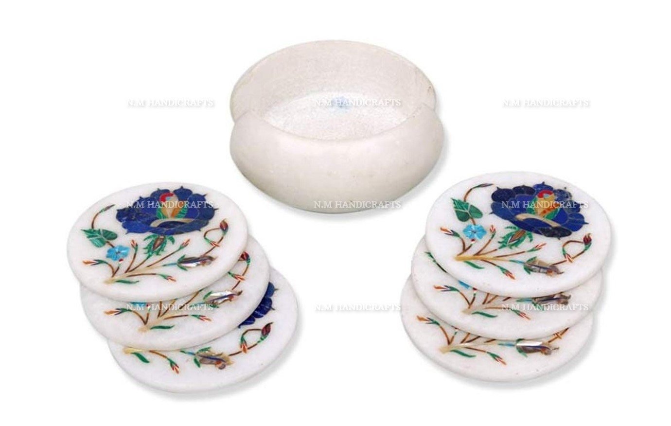 Floral White Marble Inlay Coaster, Lapis Lazuli Inlaid, Pietra Dura, Coaster Set, Handmade Art, Tea Coaster, Drinkware & Barware, Coasters