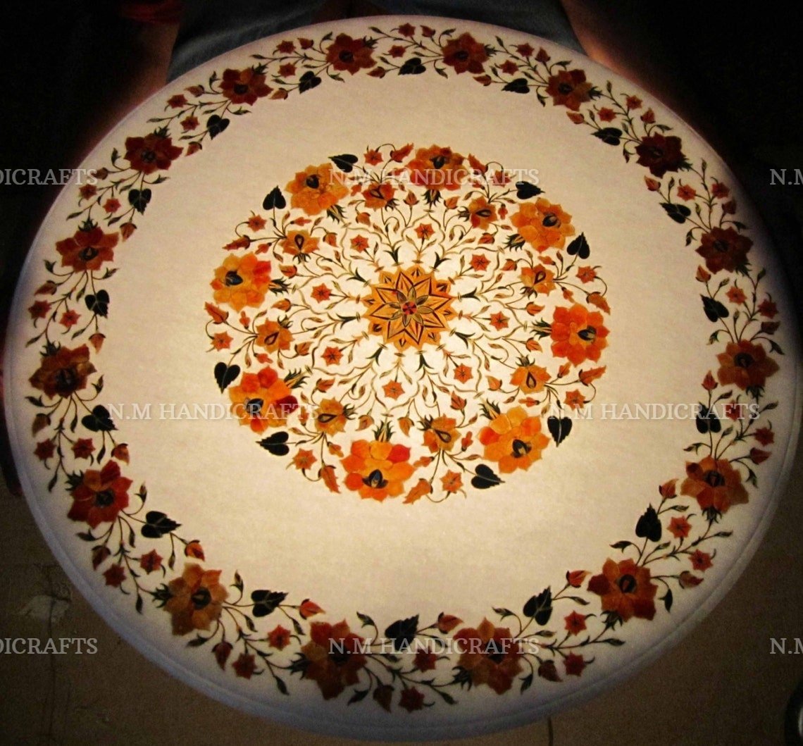 White Marble Inlay Coffee Table, Floral Inlay, Vintage Art, Mosaic Marquetry Art, Dining Table, Center Table, Hallway Table, Garden Table - Image 2