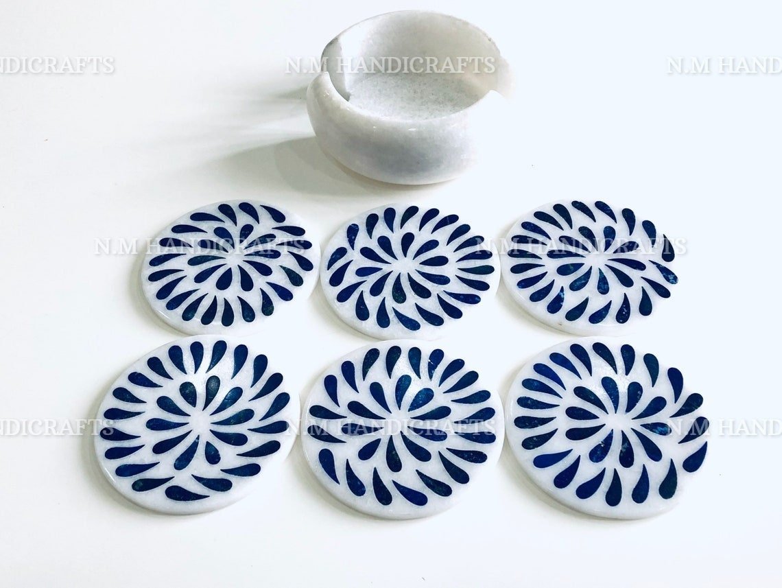 Marble Inlay Coaster, Lapis Lazuli Inlaid, Pietra Dura, 6 Pcs Coaster Set, Tea Coaster, Drinkware & Barware, Stone Coasters, Table Coasters - Image 3