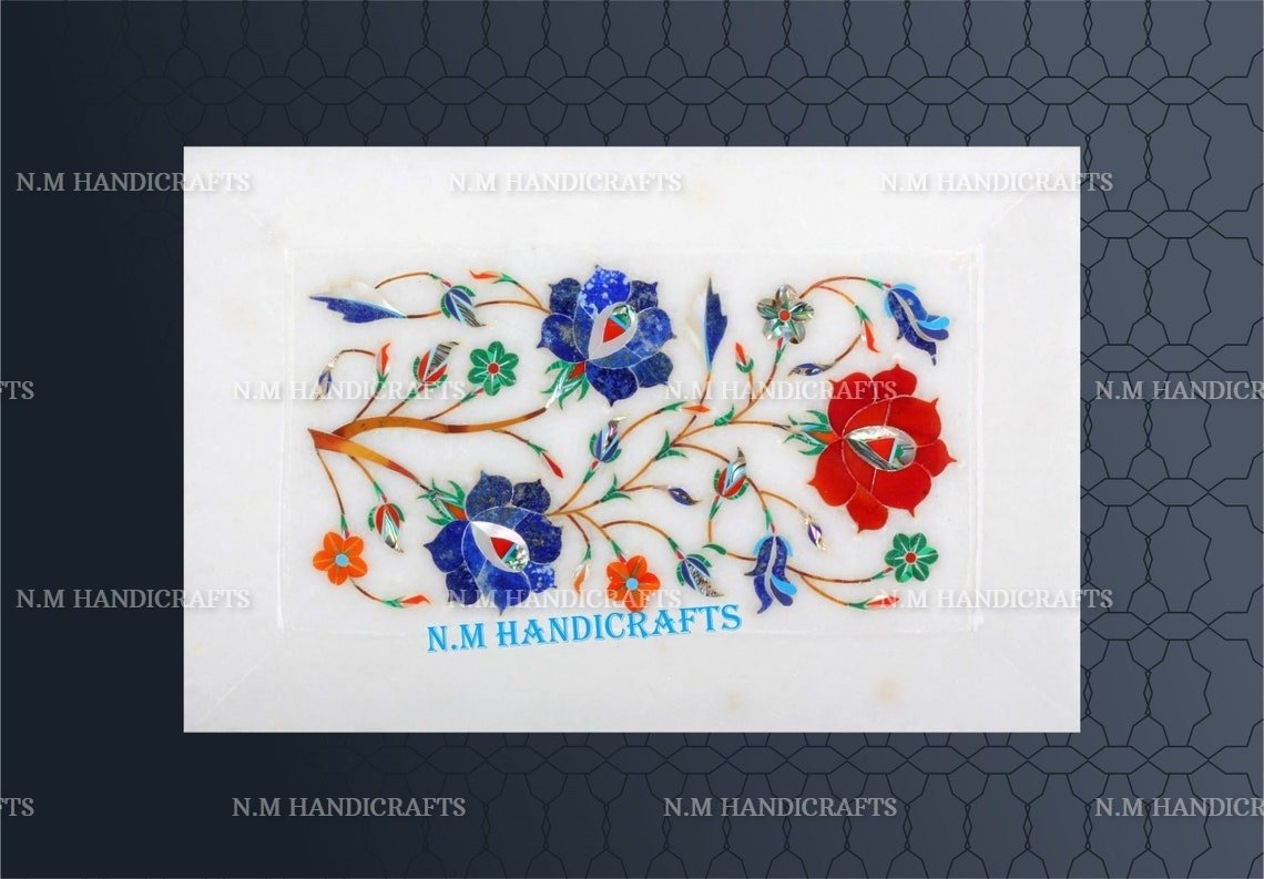 White Marble Inlay Tray, Semi Precious Stones Inlaid, Floral Marquetry, Pietra Dura Art, Serving Tray, Gift, Kitchen Decor, Home Decor - Image 2