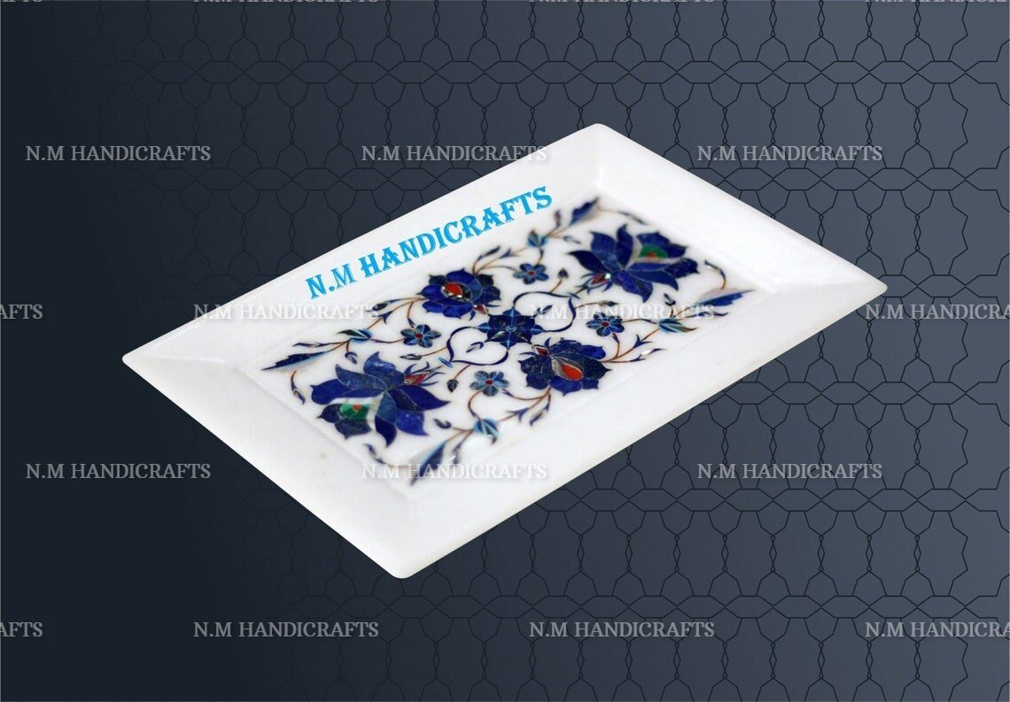 Decorative White Marble Inlay Tray, Lapis Lazuli Inlaid, Floral Marquetry, Pietra Dura Art, Serving Tray, Gift, Kitchen Decor, Home Decor