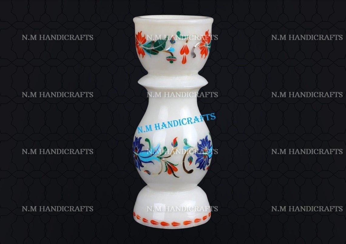 Decorative White Marble Inlay Candle holder, Semi Precious Stones Inlaid, Home and Office Decor, Floral Design, Pietra Dura Art