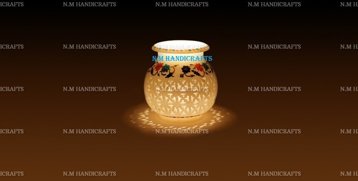 Decorative White Marble Inlay Candle holder, Semi Precious Stones Inlaid, Home and Office Decor, Floral Design, Memorable Art Piece - Image 3