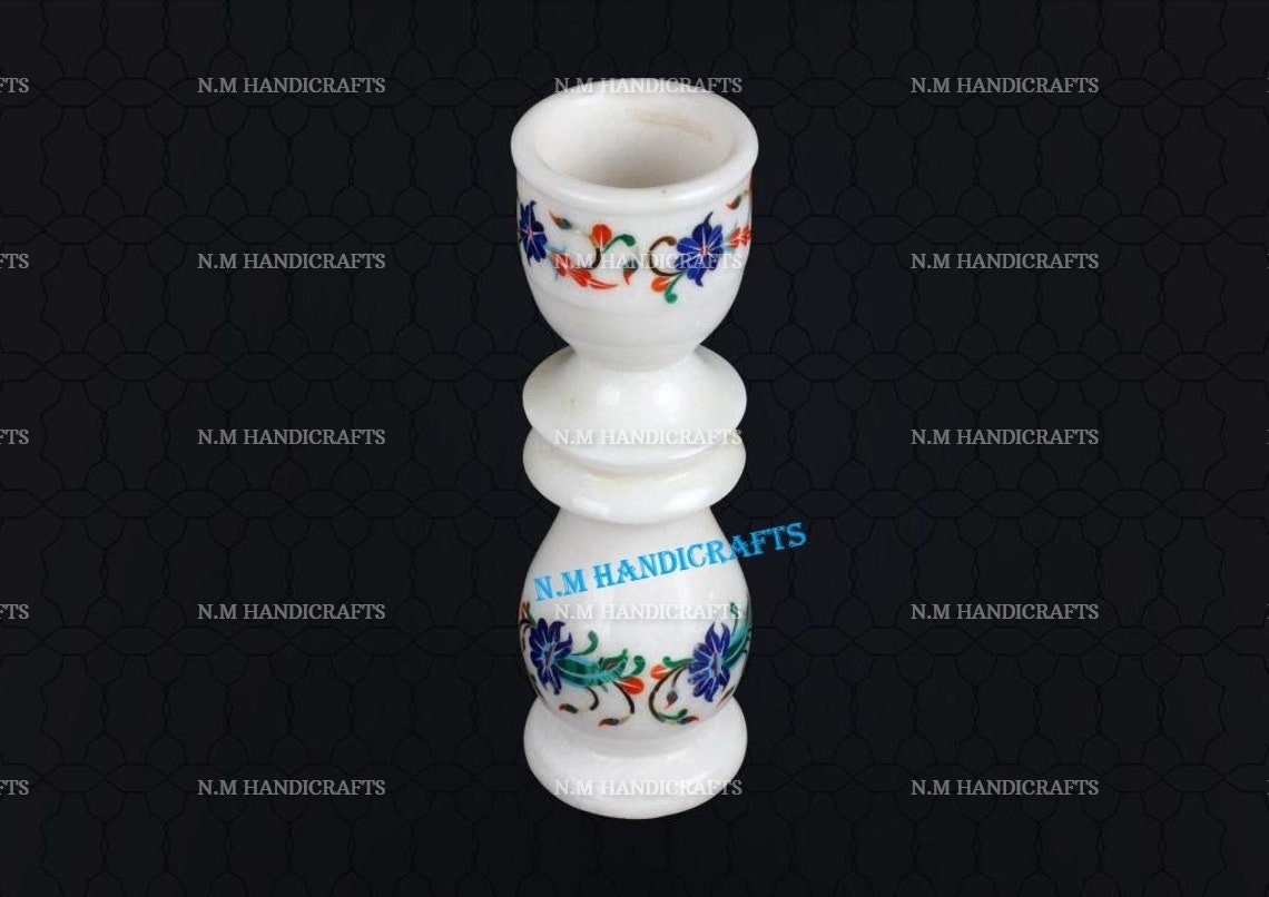 Decorative White Marble Inlay Candle holder, Semi Precious Stones Inlaid, Home and Office Decor, Floral Design, Pietra Dura Art - Image 2