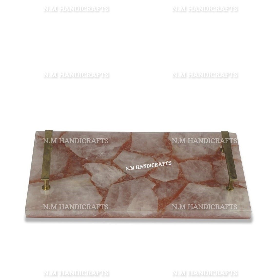 Pink Agate Serving Tray With Gold Handles, Agate Stones Marquetry, Kitchen Accessory, Home Decor, Office Decor
