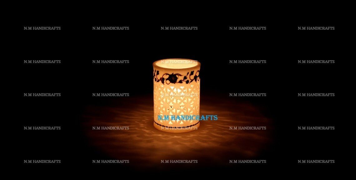 Decorative White Marble Inlay Lamp, Candle holder, Flower & Utencil Holder, Home and Office Decor, Floral Design, Pietra Dura Art - Image 3