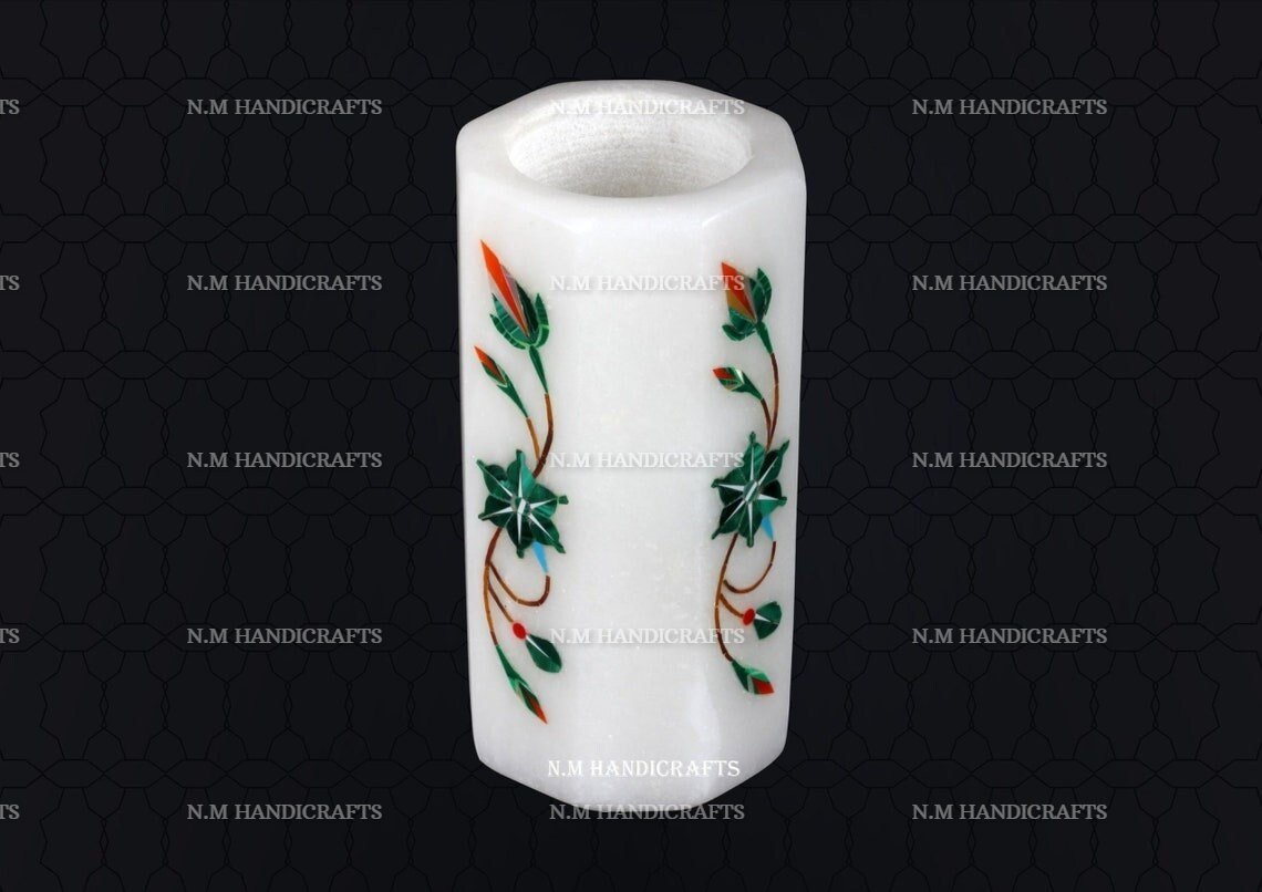 Melachite Inlay White Marble Inlay Pen stand, Candle holder, Flower & Utencil Holder, Home and Office Decor, Floral Design, Pietra Dura Art