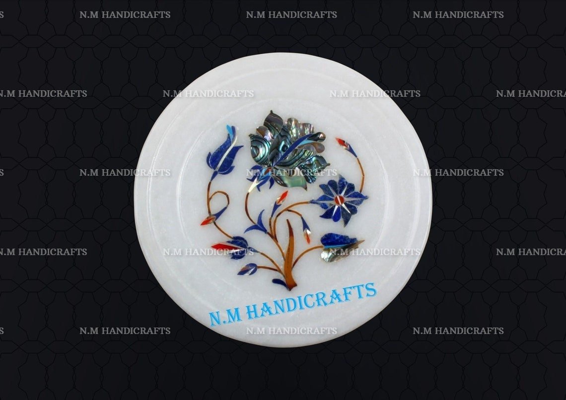 5" Marble Marquetry Gems Inlay Plate, Flowers, Pietra Dura Art, Coaster, Tea Coaster, Plate, Gift, Kitchen Decor, Home Decor