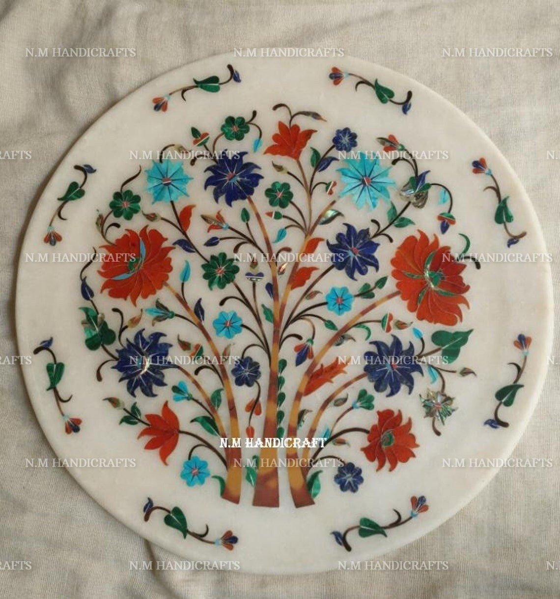 10" Marble Marquetry Gems Inlay Plate, Flowers, Pietra Dura Art, Serving Plate, Marble Serveware, Plate, Gift, Kitchen Decor, Home Decor