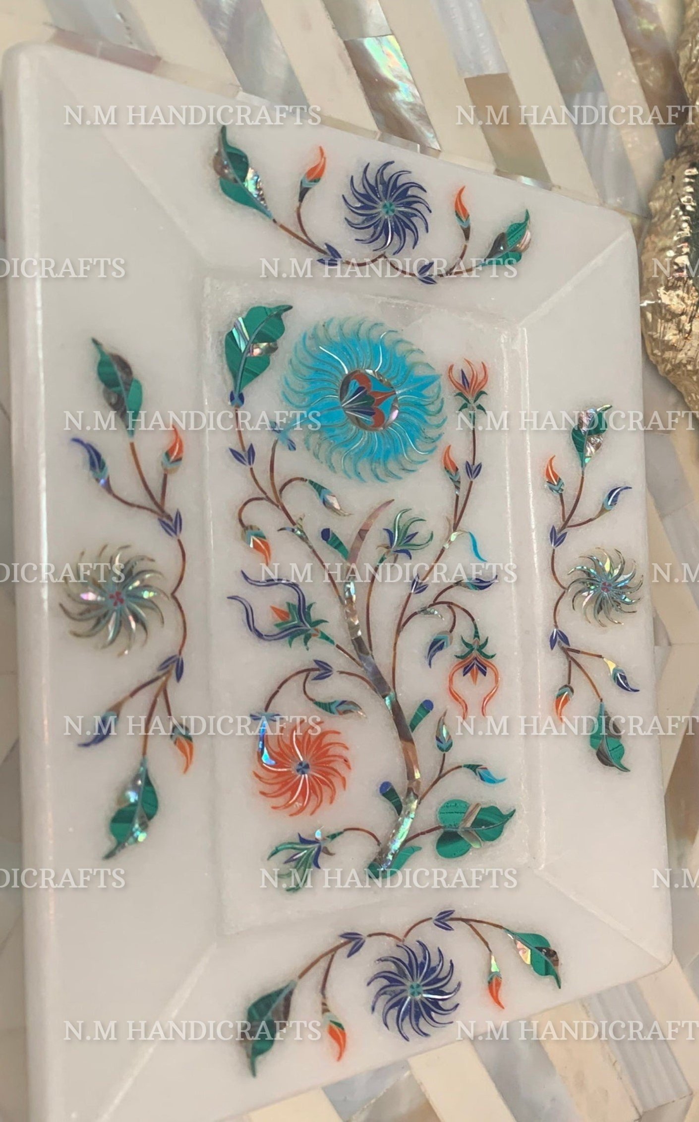 Spider Art On White Marble Tray, Master Piece Of Pietra Dura Art, Semi Precious Stone Inlaid, Serving Tray, Gift, Kitchen Decor, Home Decor - Image 2