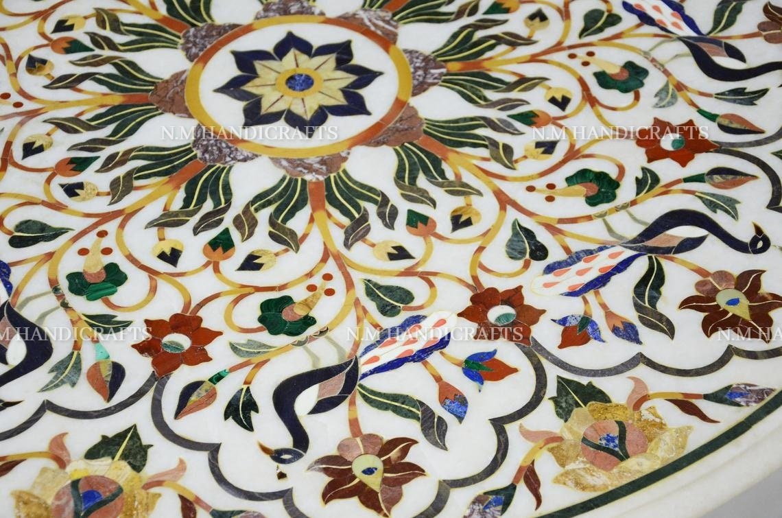 White Marble Coffee Table, Semi Precious Stone Inlaid, Mosaic Marquetry Art, Floral Dining Table, Center Table, Hallway Table, Garden Table - Image 3