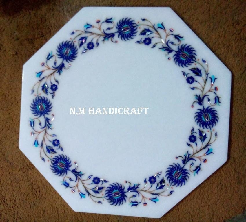 Decorative Marble Inlay Plate, Lapis Lazuli Inlaid, Wall Decor, Flowers, Pietra Dura Art, Marble Serveware, Gift, Kitchen Decor, Home Decor
