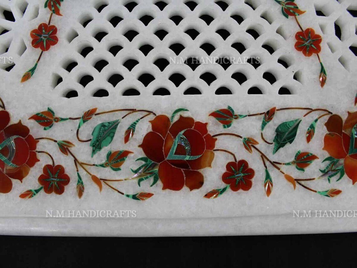 White Marble Inlay Coffee Table , Carnelian Stone Inlaid, Vintage Marble Table, Centre Table Top, Mosaic Marquetry Art, Inlay Dining Table - Image 3