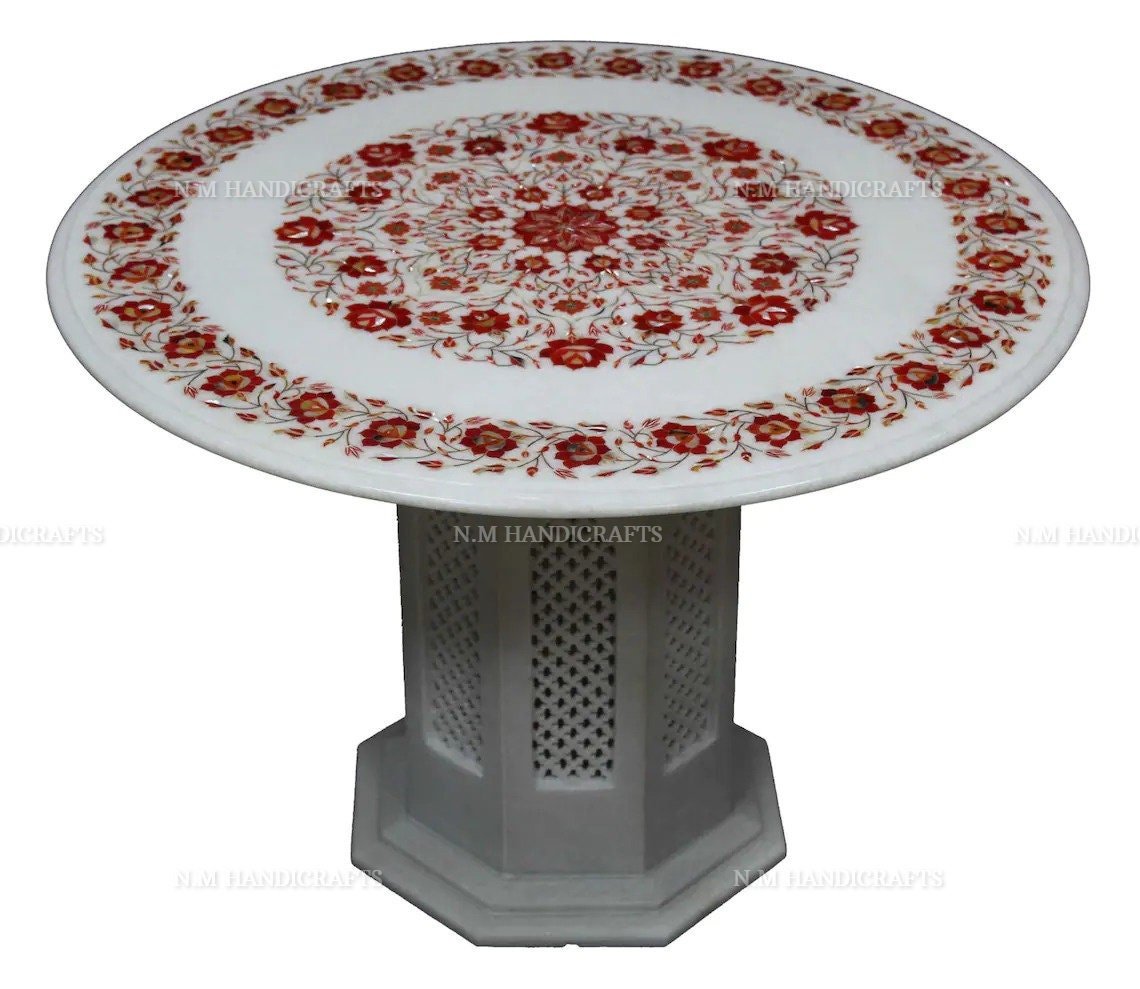White Marble Inlay Coffee Table, Floral Inlay, Vintage Art,Mosaic Marquetry Art, Dining Table Top, Center Table, Hallway Table, Garden Table