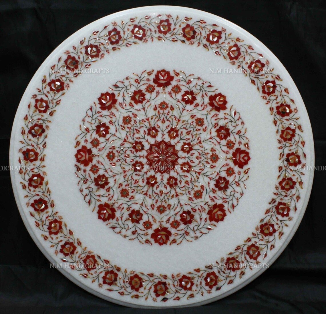 White Marble Inlay Coffee Table, Floral Inlay, Vintage Art,Mosaic Marquetry Art, Dining Table Top, Center Table, Hallway Table, Garden Table - Image 3