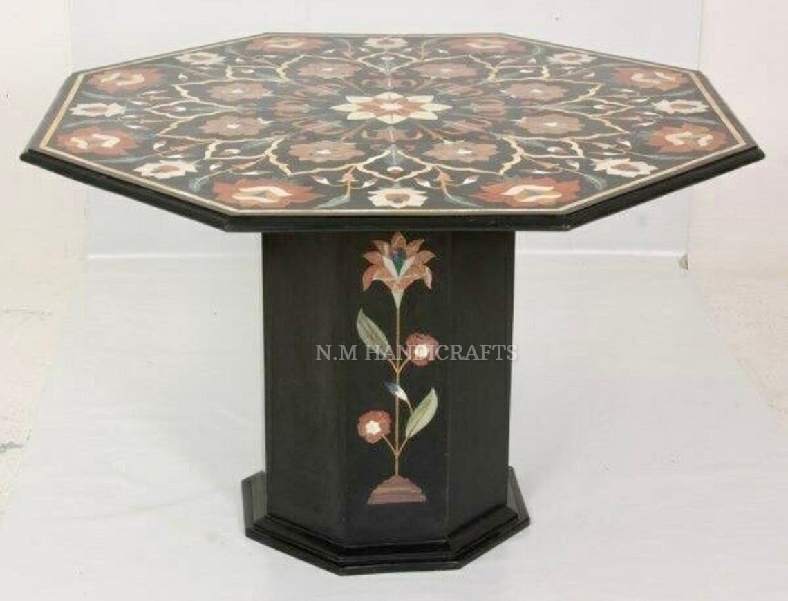 Marble Octagon Coffee Table With Pedestal Base, Floral Inlay, Vintage Art, Mosaic Marquetry, Dining Table Top, Center Table, Hallway Table