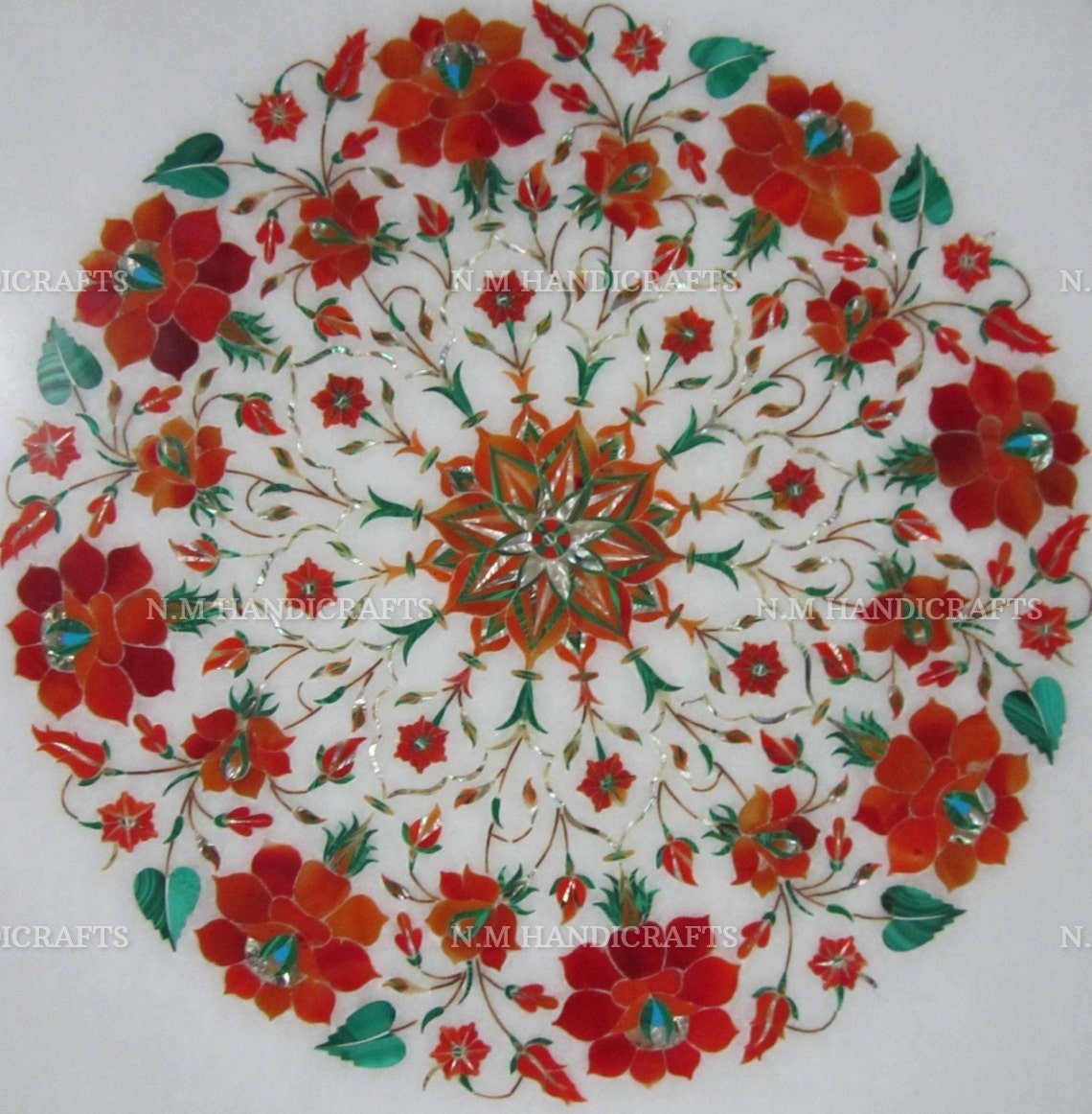 White Marble Inlay Coffee Table, Floral Inlay, Vintage Art, Mosaic Marquetry Art, Dining Table, Center Table, Hallway Table, Garden Table - Image 3