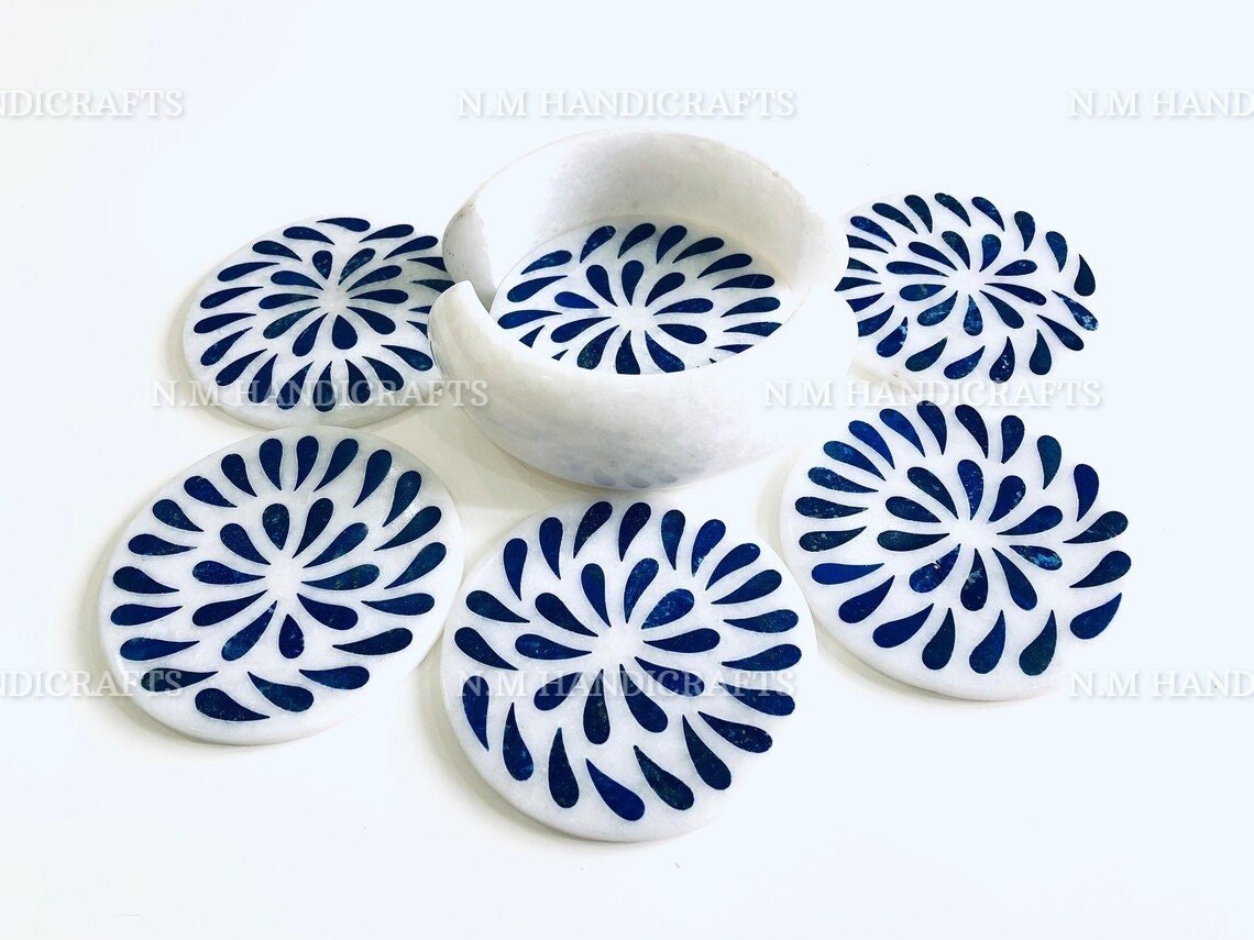 Marble Inlay Coaster, Lapis Lazuli Inlaid, Pietra Dura, 6 Pcs Coaster Set, Tea Coaster, Drinkware & Barware, Stone Coasters, Table Coasters - Image 2