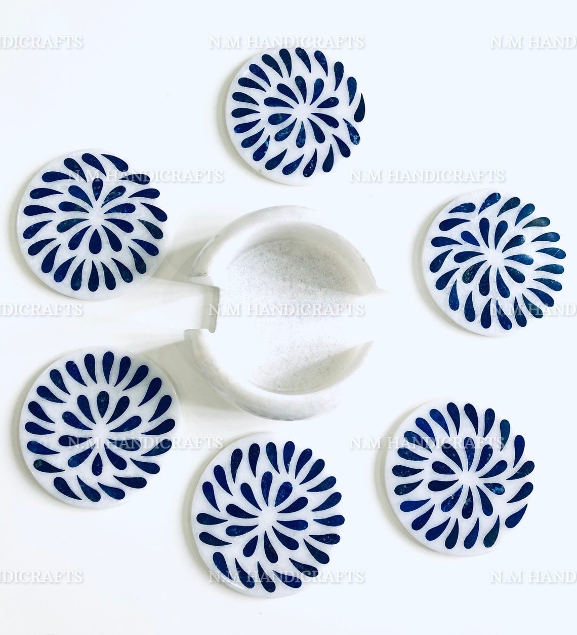 Marble Inlay Coaster, Lapis Lazuli Inlaid, Pietra Dura, 6 Pcs Coaster Set, Tea Coaster, Drinkware & Barware, Stone Coasters, Table Coasters