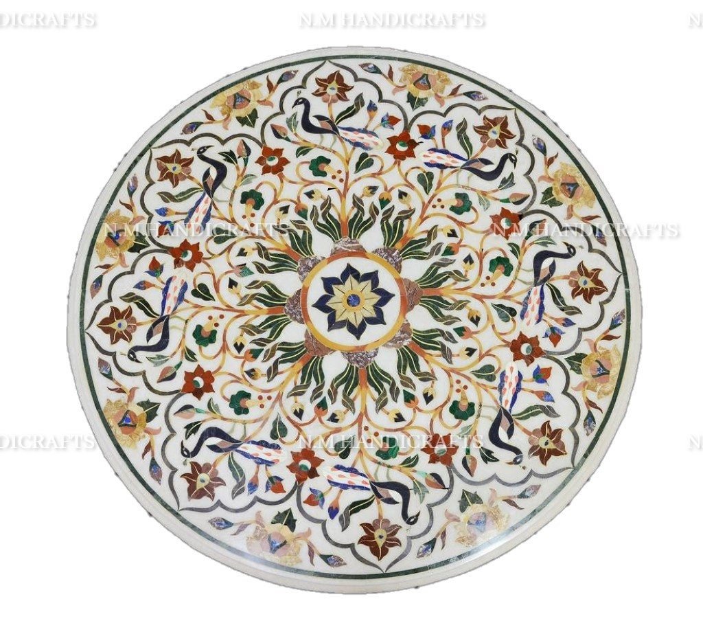 White Marble Coffee Table, Semi Precious Stone Inlaid, Mosaic Marquetry Art, Floral Dining Table, Center Table, Hallway Table, Garden Table - Image 2
