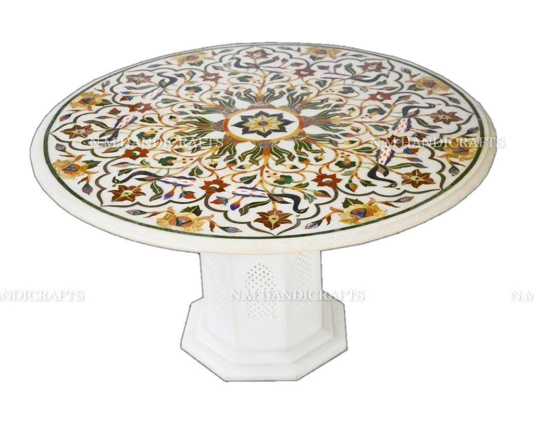 White Marble Coffee Table, Semi Precious Stone Inlaid, Mosaic Marquetry Art, Floral Dining Table, Center Table, Hallway Table, Garden Table
